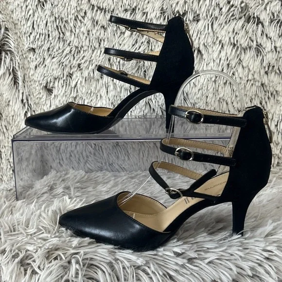 Liz Claiborne Buckle Strappy LC HARA Heel Shoe 5.5 Black Pointed Toe Minimalist - Picture 2 of 10